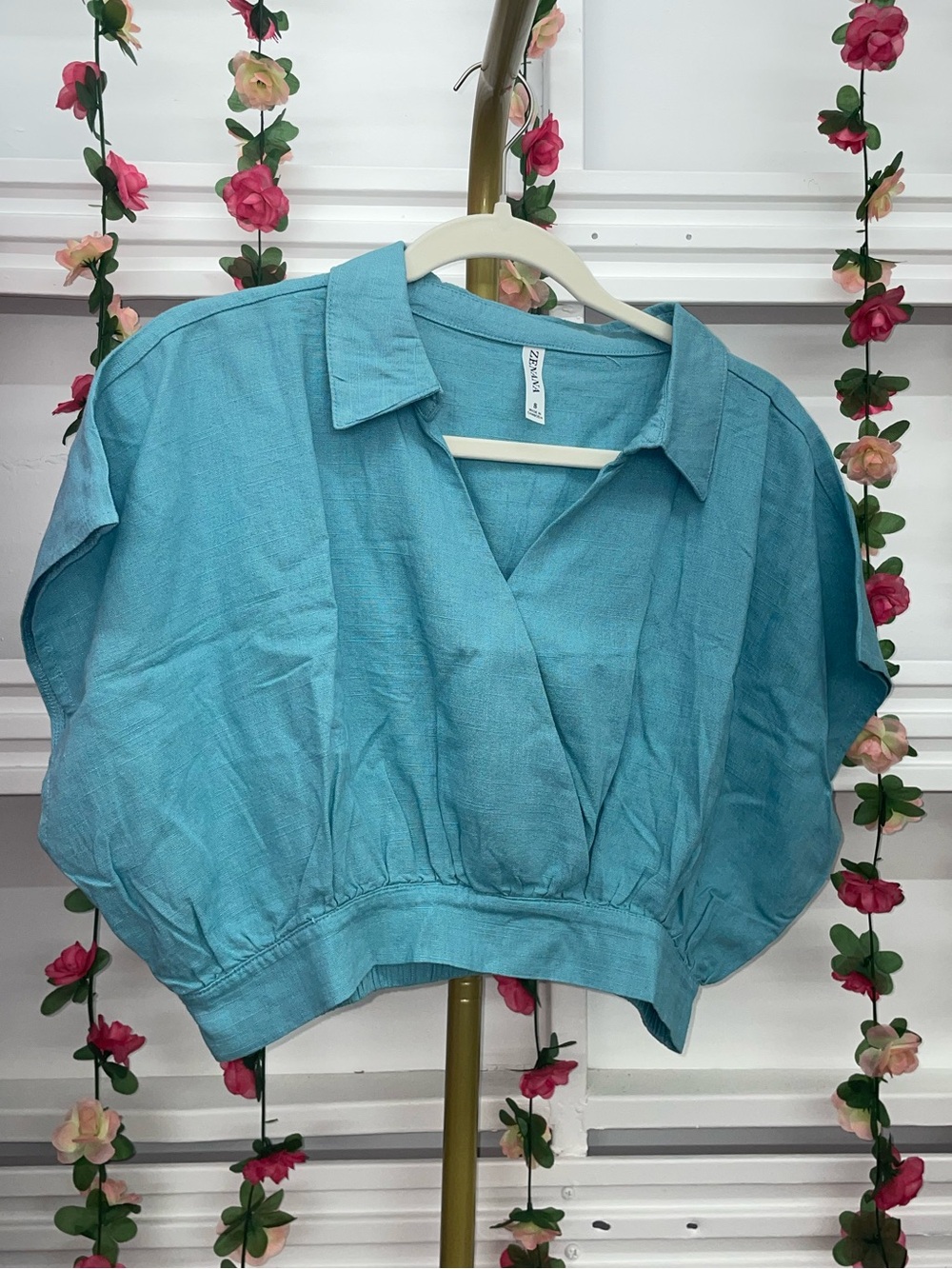 Zenana- Collared Cropped Top with Stretchy Back Waist- Dusty Teal